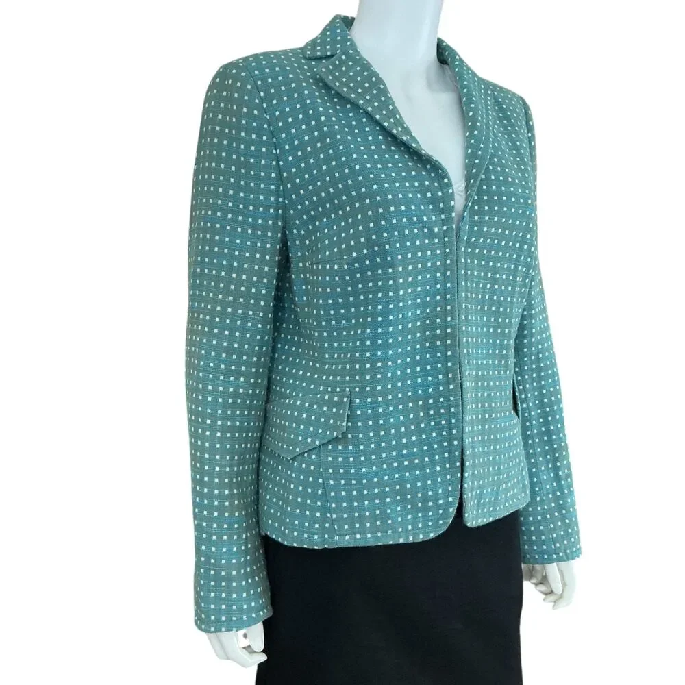 AKRIS Punto Womens Linen Cotton Blazer Size 12 Turquoise White Check Print